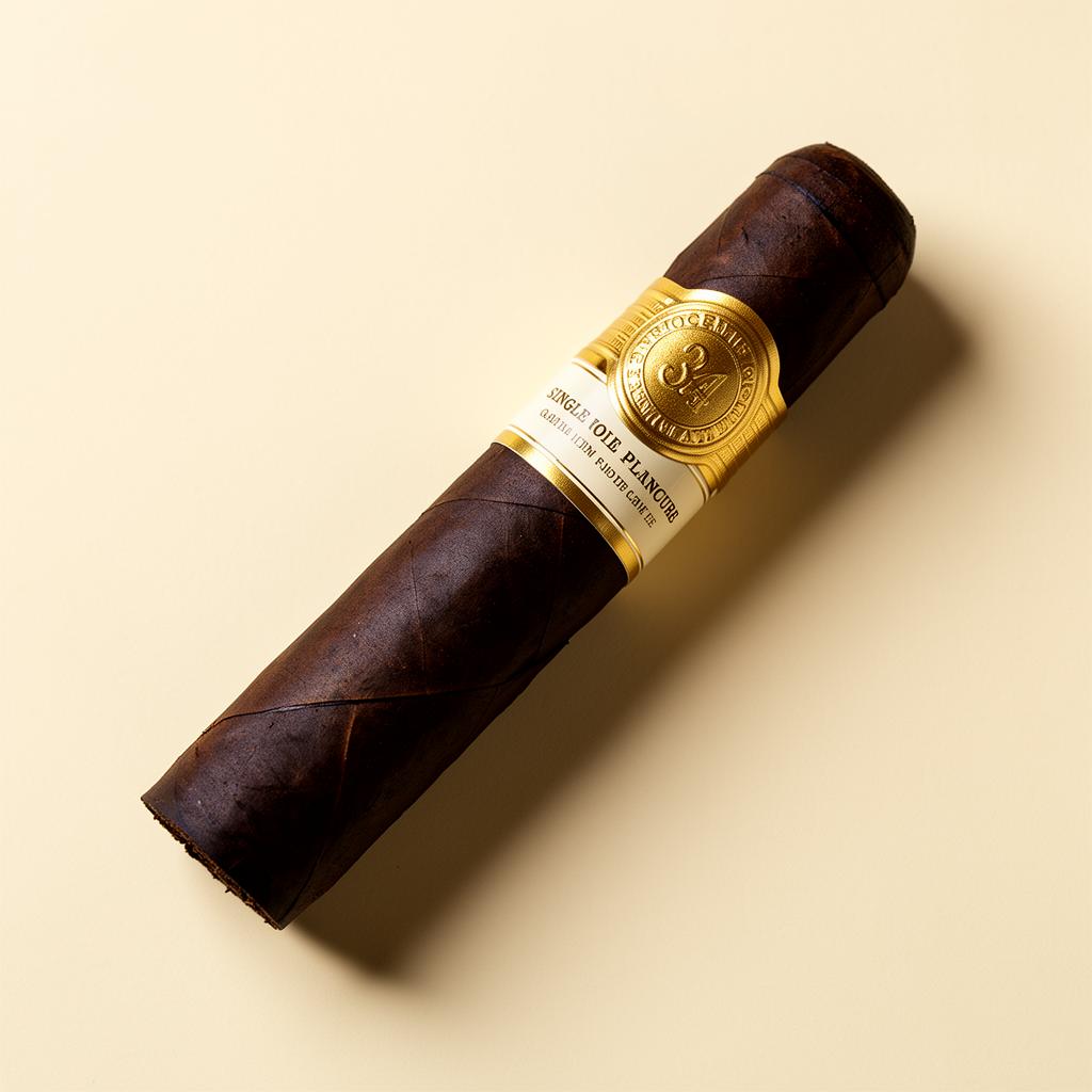 A premium maduro cigar with a gold band on a cream background