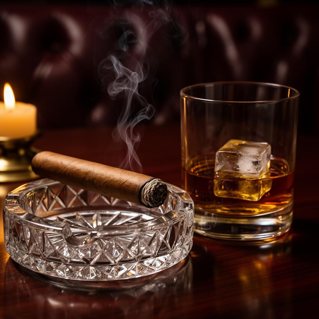 A lit cigar resting on a crystal ashtray beside a tumbler of amber whiskey in a candlelit lounge