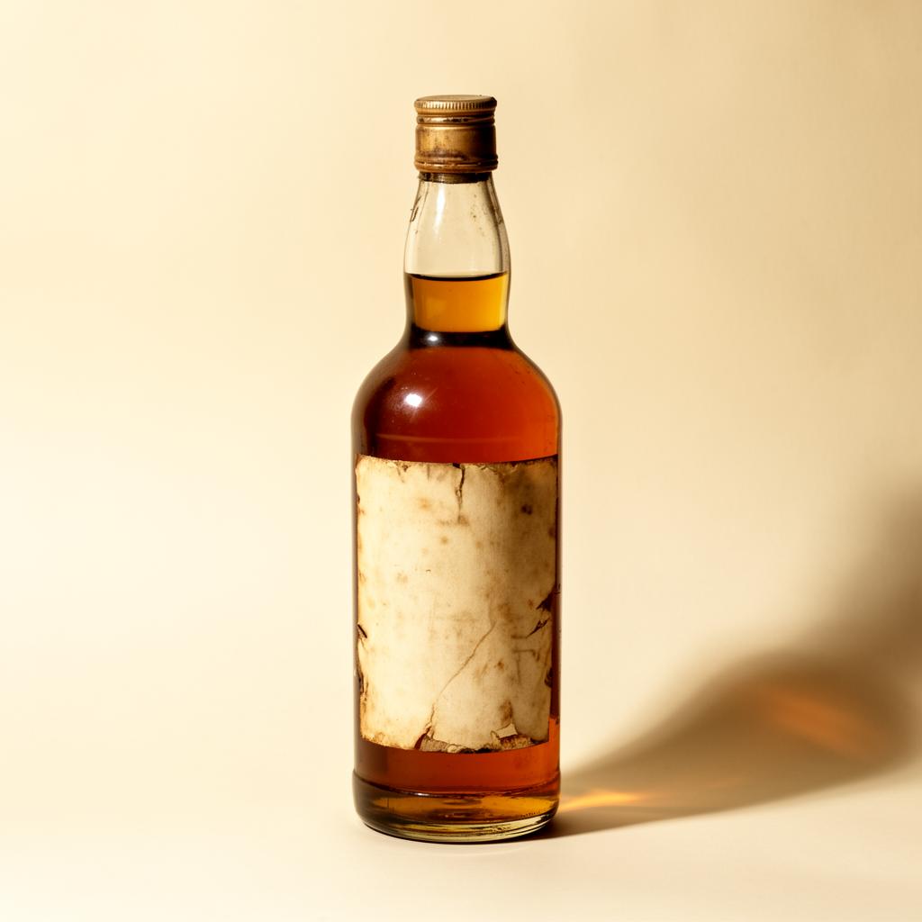 A vintage whiskey bottle with an aged label